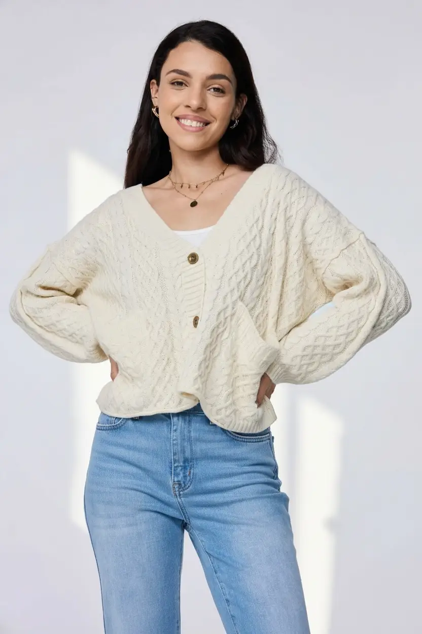 Lovesoft Lovesoft - 100% Acrylic Relaxed Cozy Cable Knit Cardigan - Apricot - Cardigans