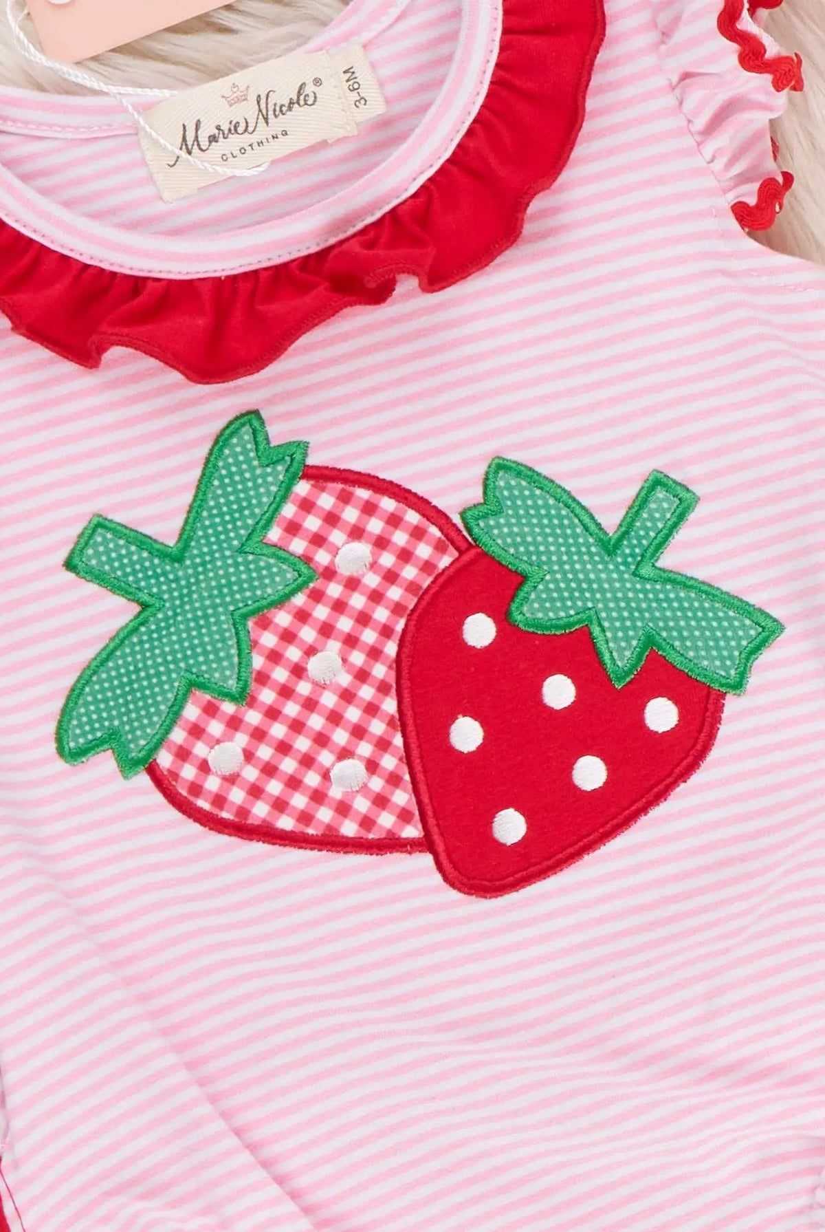 Marie Nicole Clothing Marie Nicole Clothing - Strawberry Twins Striped Embroidered Cotton Ruffle Bubble Romper - Baby One-Pieces