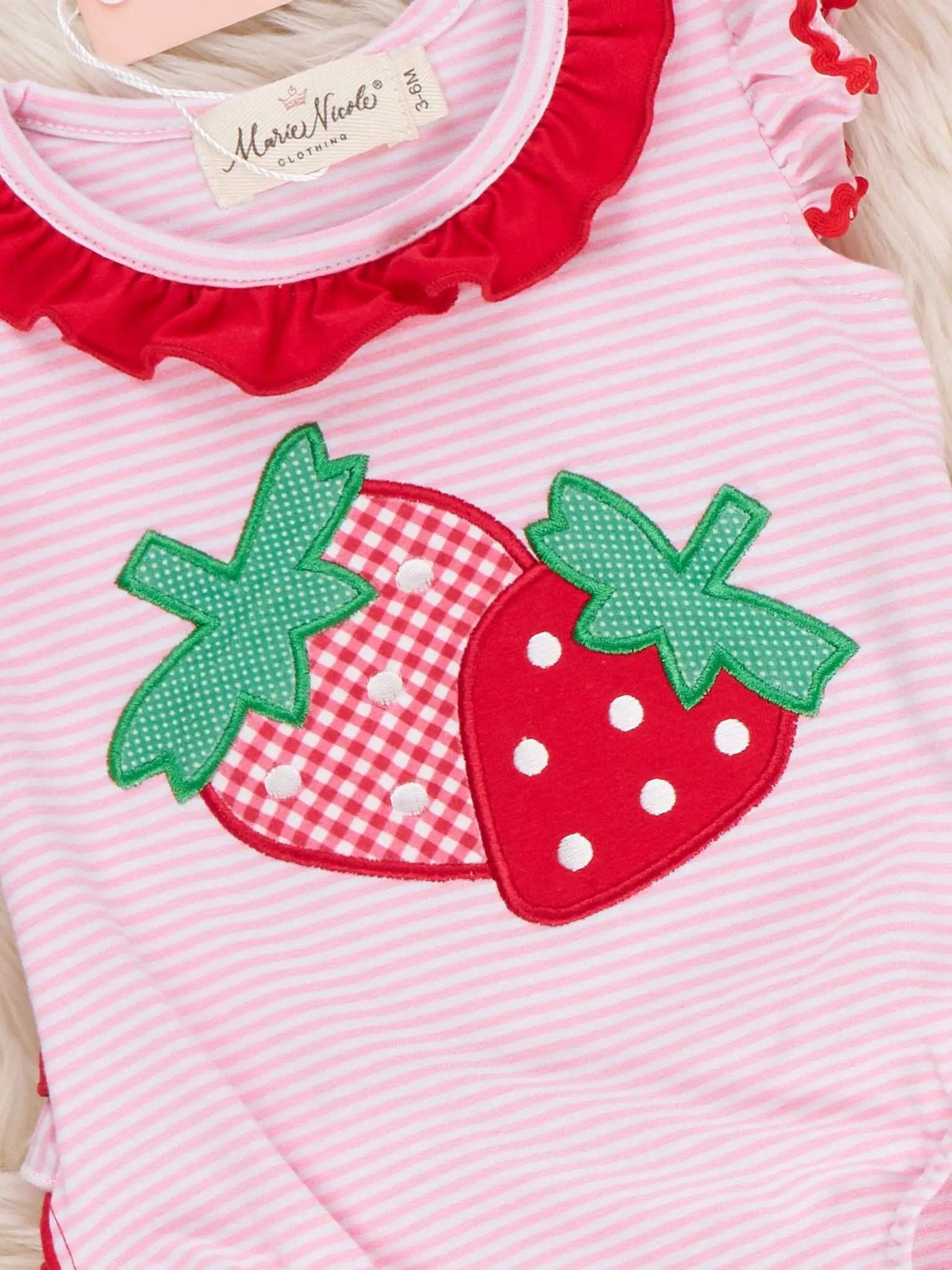 Marie Nicole Clothing Marie Nicole Clothing - Strawberry Twins Striped Embroidered Cotton Ruffle Bubble Romper - Baby One-Pieces