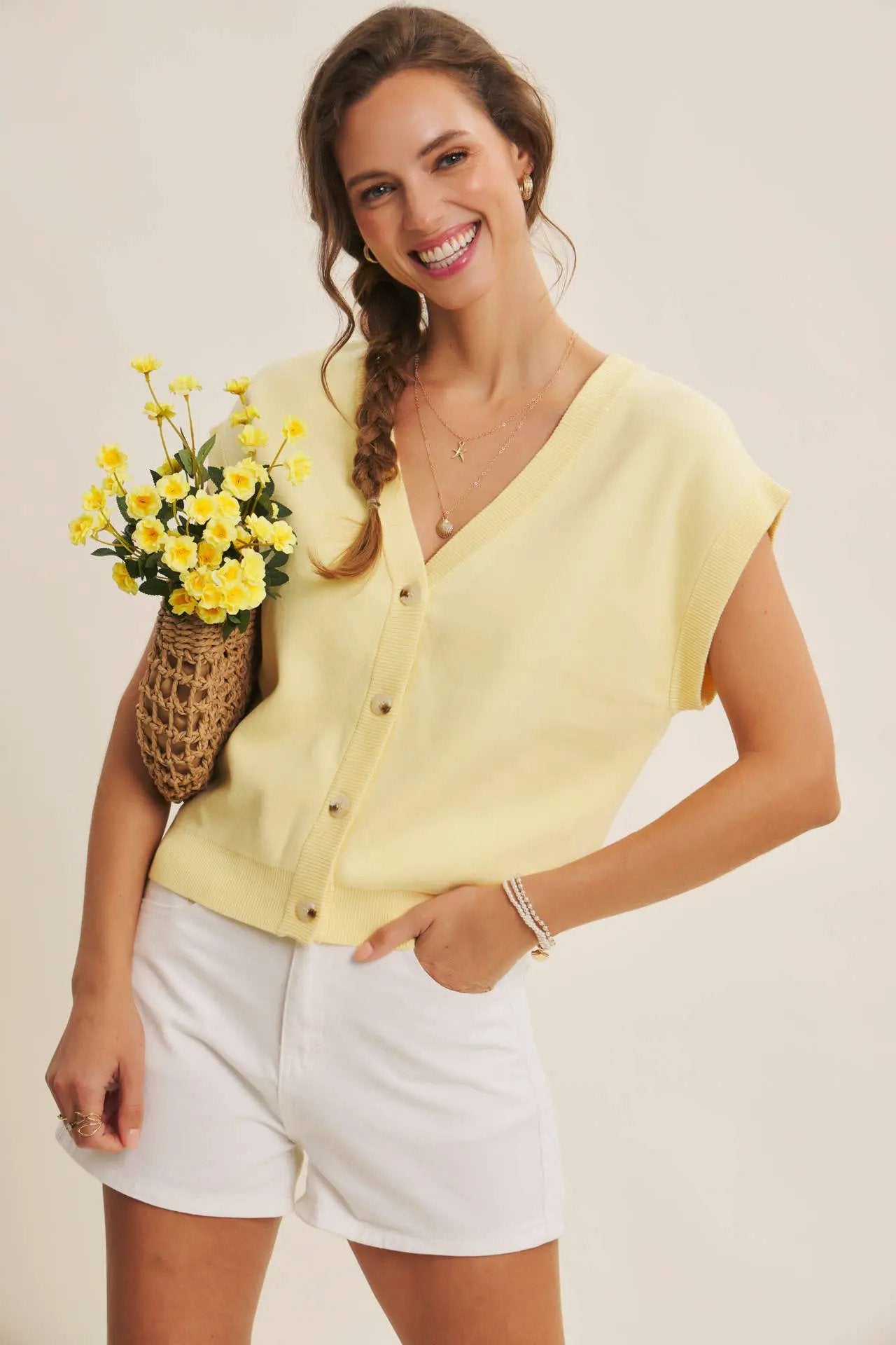in february Multi-Way Versatility Soft Cotton Button-Down Sweater Vest: Banana Cream - Dresses