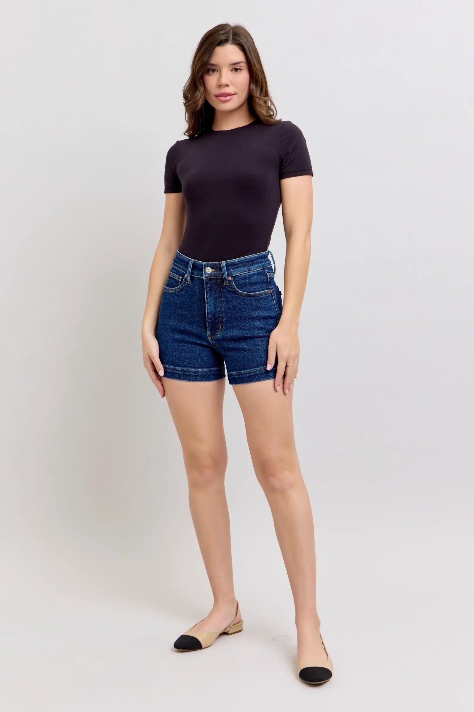 Judy Blue The High Waist Tummy Control Dark Wash Denim Shorts - Shorts Judy Blue High Waisted Tummy Control Dark Blue Shorts