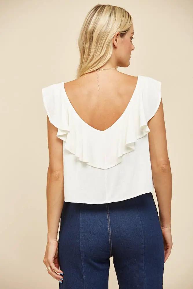 WISTERIA LANE Wisteria Lane - Soft Breeze Ruffled Linen Crop Blouse - Blouses