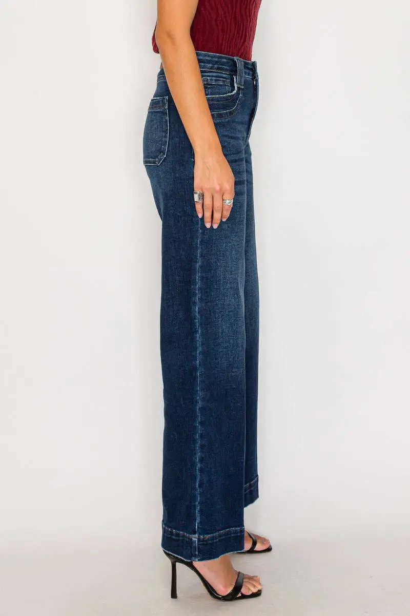 ARTEMIS VINTAGE tummy-control high-rise A-line wide-leg jeans in dark stone wash, side view.