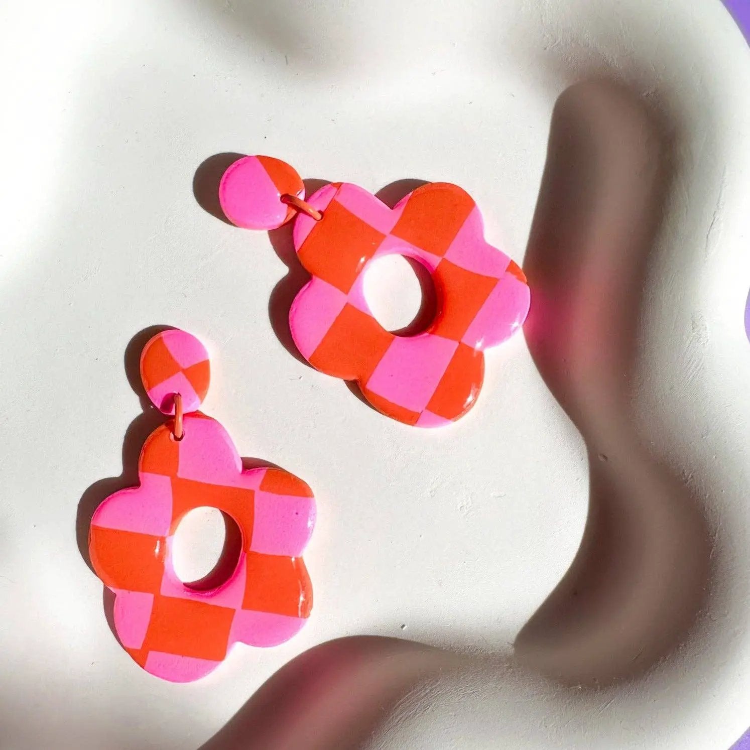 Blush and Bash Studio Blush and Bash Studio - Pink and Orange Checker Print Flower Earrings - Earrings
