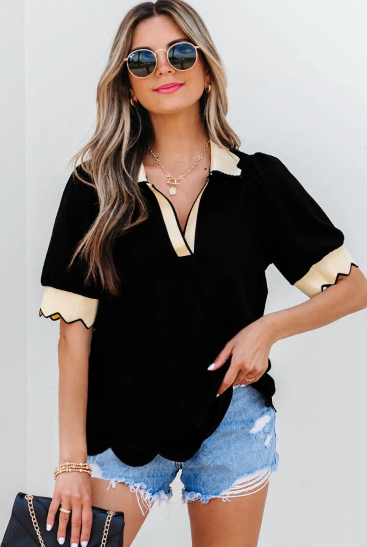 Grateful Threads Boutique Black Color Contrast Collared V-Neck Puff Sleeve Blouse - Blouses Black Color Contrast Collared V Neck Puff Sleeve
