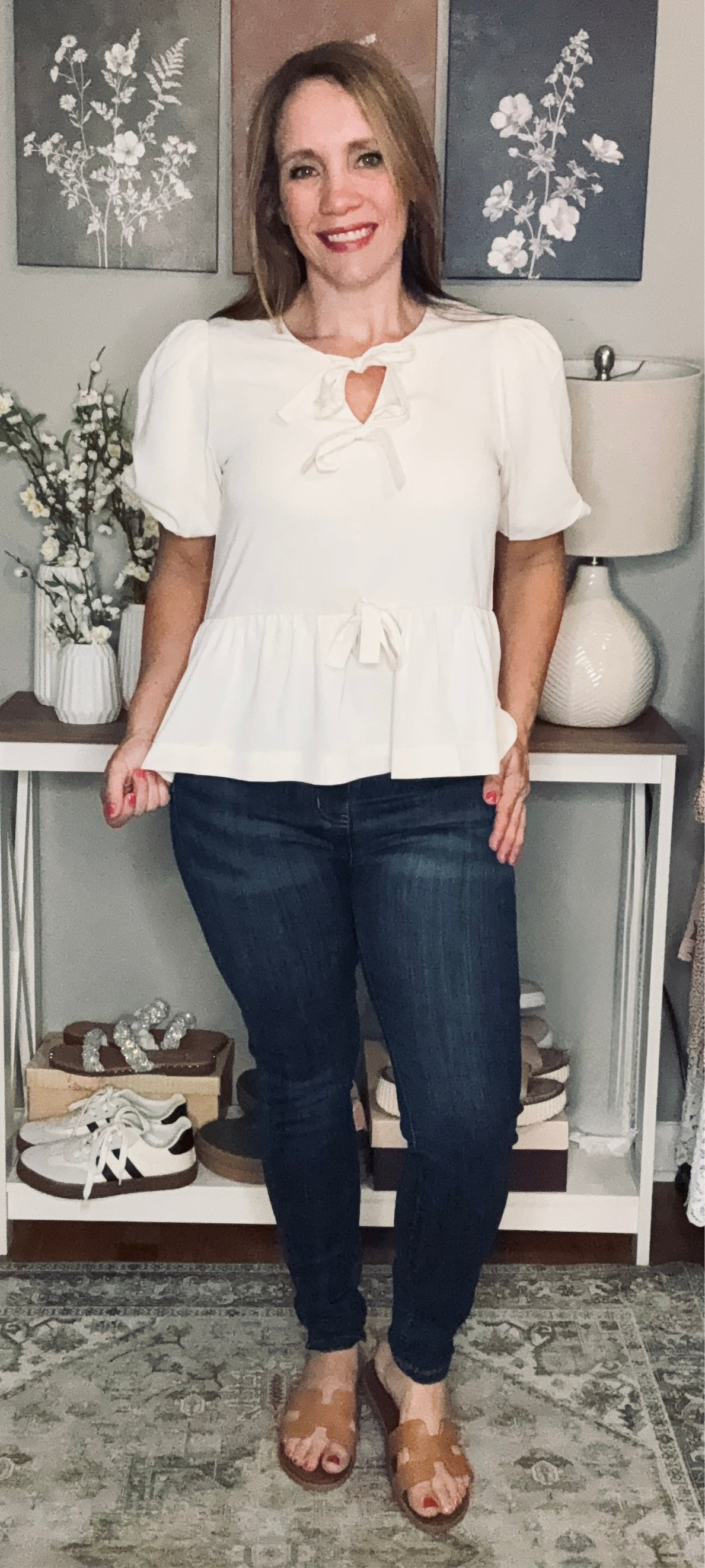 Grateful Threads Boutique White Bow Tie Short Puff Sleeve Ruffle Hem Blouse - Blouses white bow tie ruffle hem short shirt