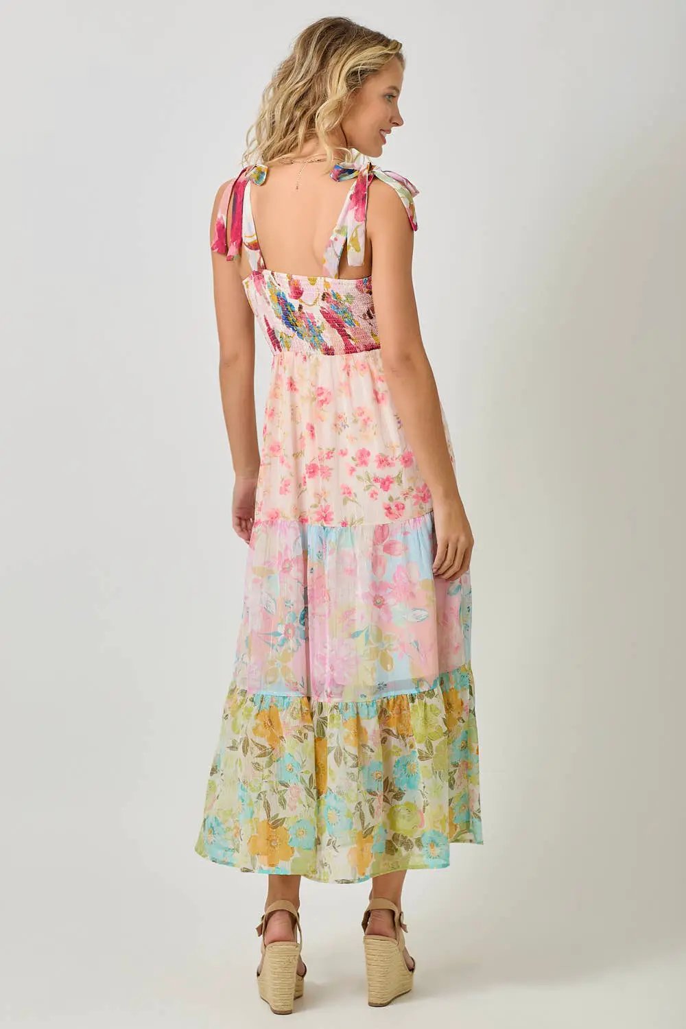 Mystree Mystree Rose Mix Strap Tied Smocked Top Tiered Long Dress - Dresses