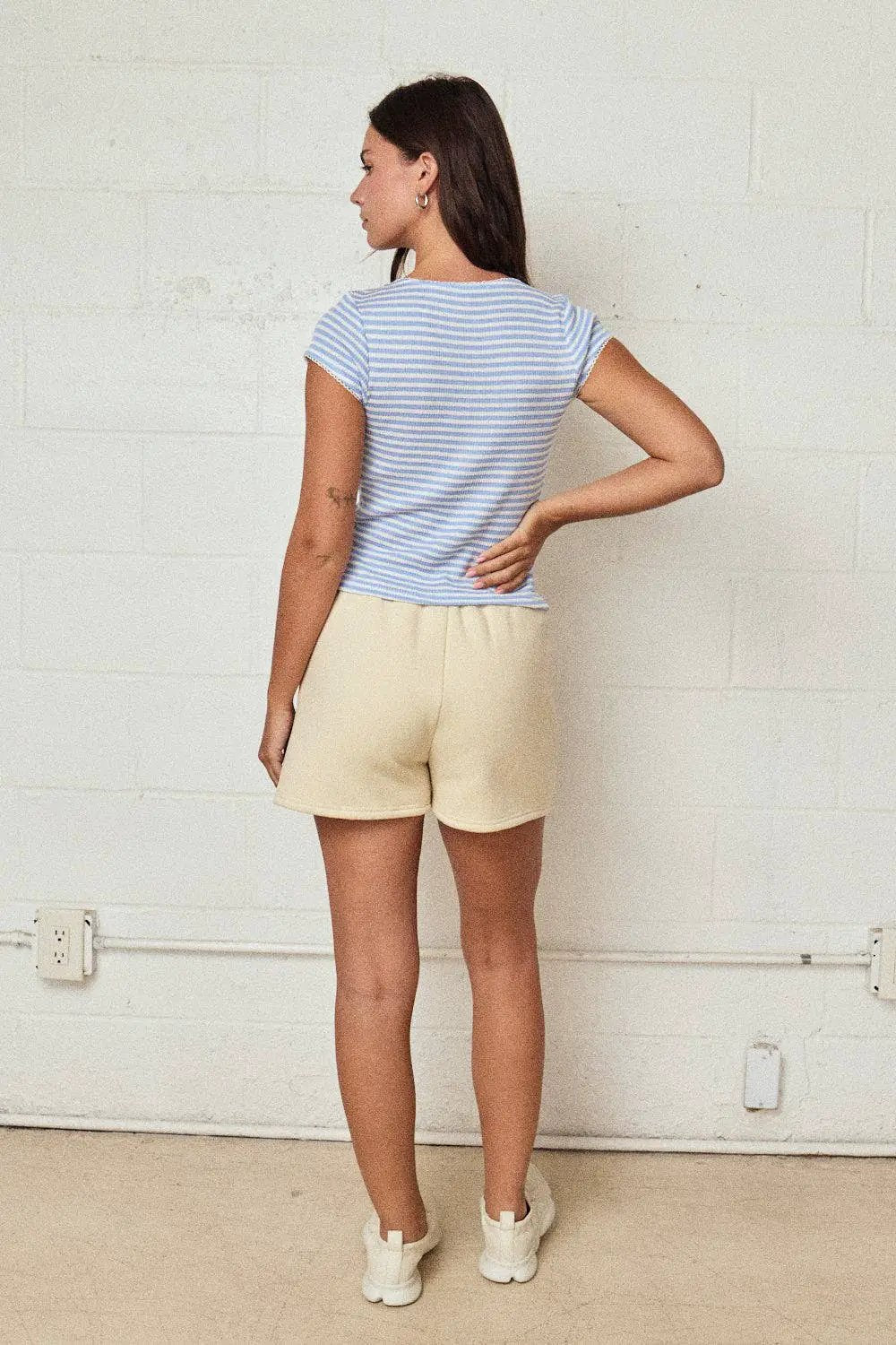 Papermoon Striped Ribbed Button Front Top: Blue/White - Clothing Tops