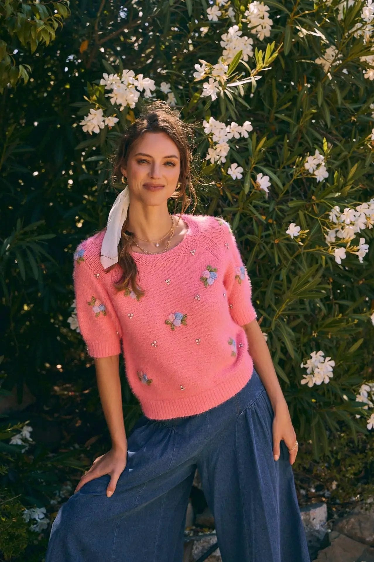 in february The Bloom Embroidered Fuzzy Sweater in Candy Pink - Sweaters