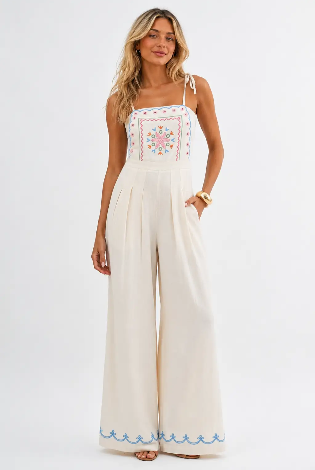 Camellia The Embroidered Wide-Leg Jumpsuit: CREAM - One-Pieces