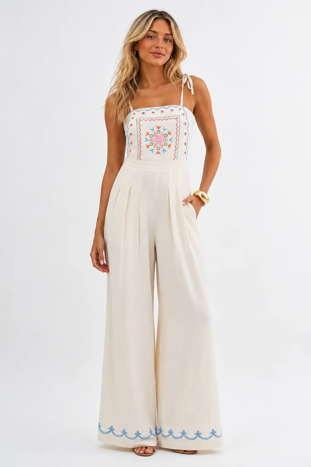 Camellia The Embroidered Wide-Leg Jumpsuit: CREAM - One-Pieces