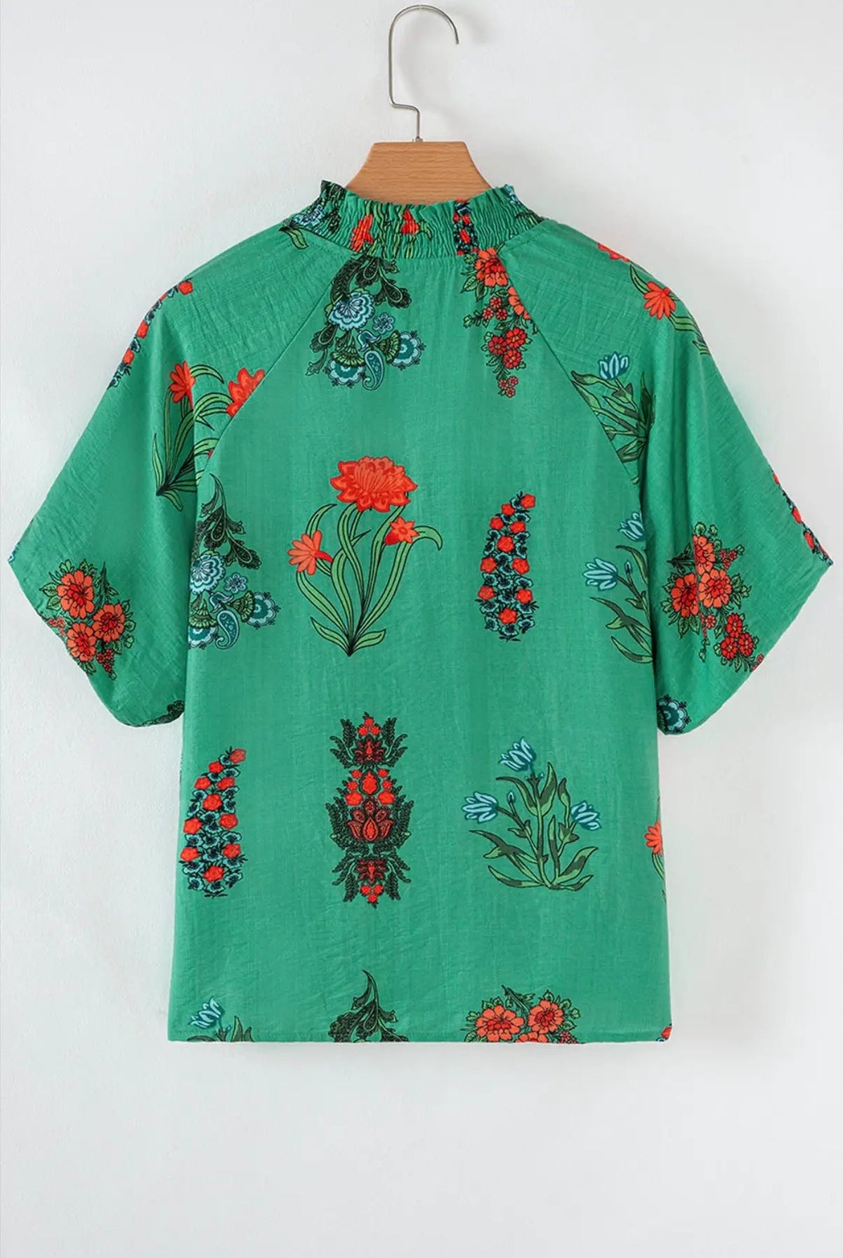 Grateful Threads Boutique Evergreen Bloom Buttoned V-Neck Floral Blouse - Blouses green floral print buttoned v neck blouse