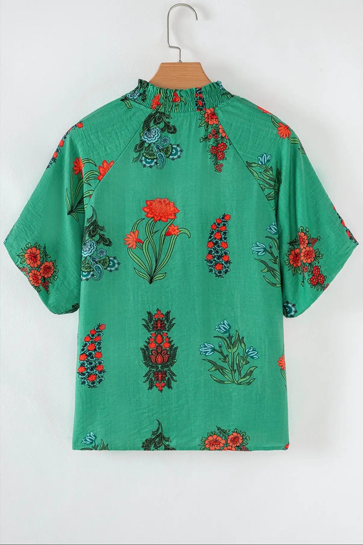 Grateful Threads Boutique Evergreen Bloom Buttoned V-Neck Floral Blouse - Blouses green floral print buttoned v neck blouse