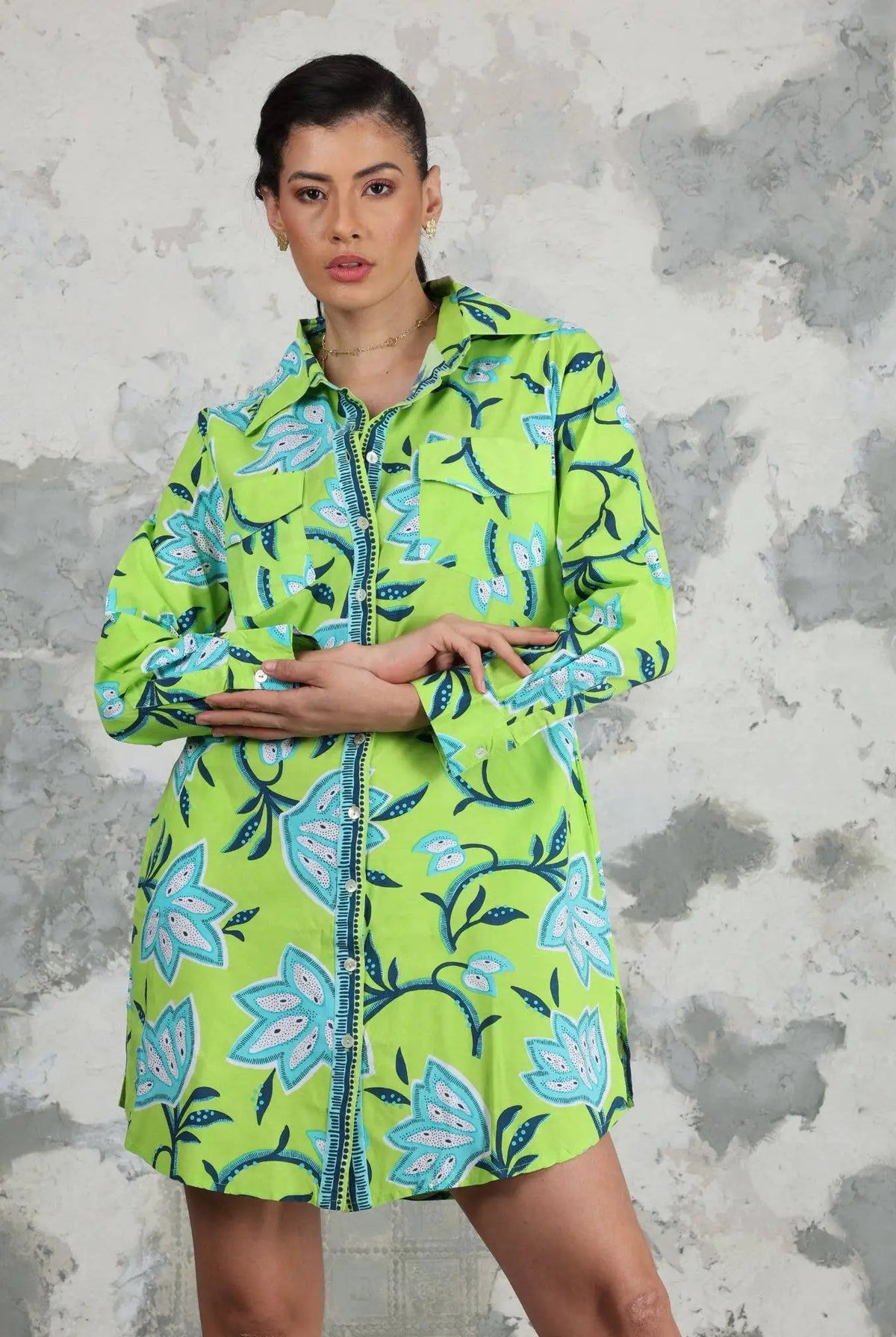 Avani Del Amour Avani Del Amour Lime Green Dancing Flower Long Sleeve Missy Shirt Dress - Dresses