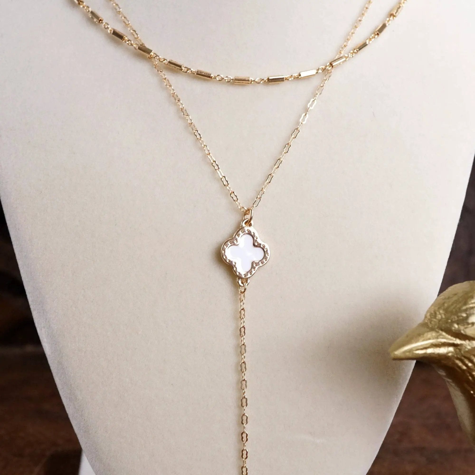 PennyLine inc The Golden Clover Lariat Necklace: White - Necklaces