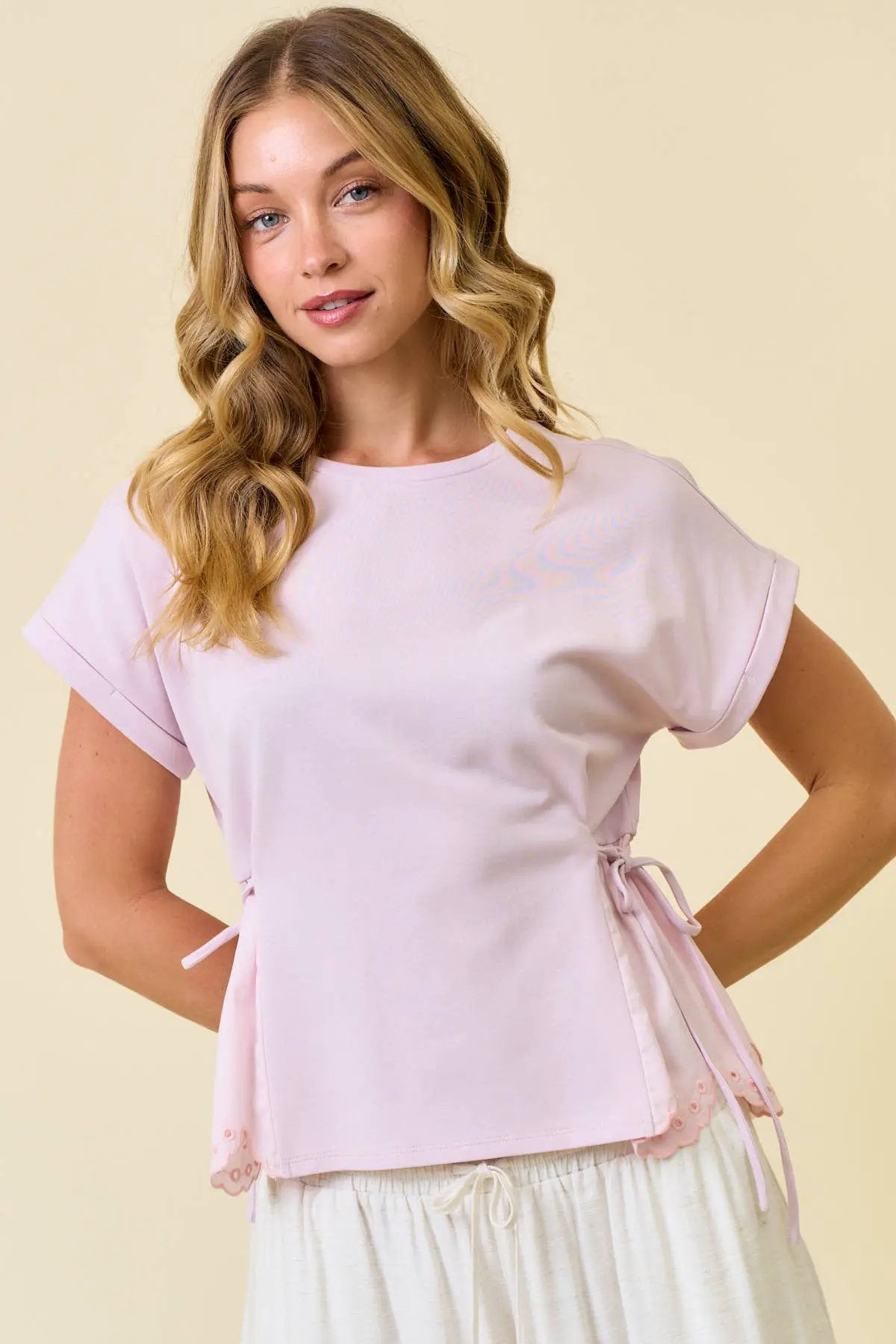Doe and Rae The Lavender Lace Tie Peplum Top - Blouses