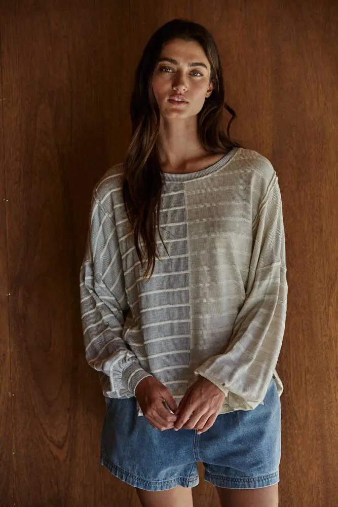 By Together Knit Cotton Ribbed Striped Half Contrast Top - Shirts