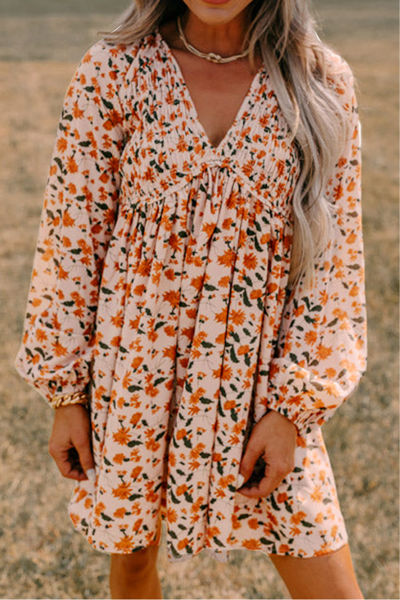 Grateful Threads Boutique Beige Floral Deep V Neck Smocked Bust Bubble Sleeve Babydoll Dress - Dresses Beige Floral Deep V Neck Smocked Bust Bubble Sleeve Babydoll Dress