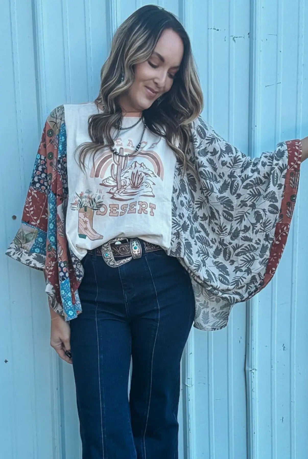 Grateful Threads Boutique Multicolor Asymmetric Printed Patchwork Sleeve Peace Desert Graphic Top - T-Shirts Multicolour Asymmetric Printed Patchwork Sleeve Peace Desert Graphic Top