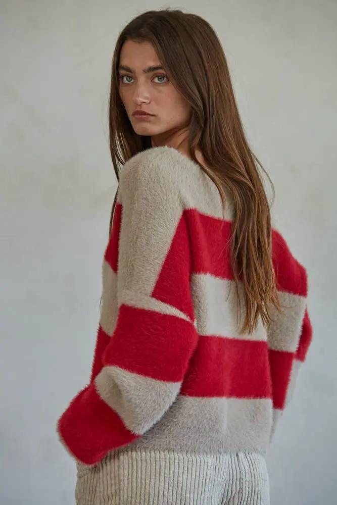 By Together Knit Sweater Nylon Polyester Striped V-Neck Pullover in Red & Taupe Stripe - Sweaters Knit Sweater Nylon Polyester Striped V-Neck Pullover