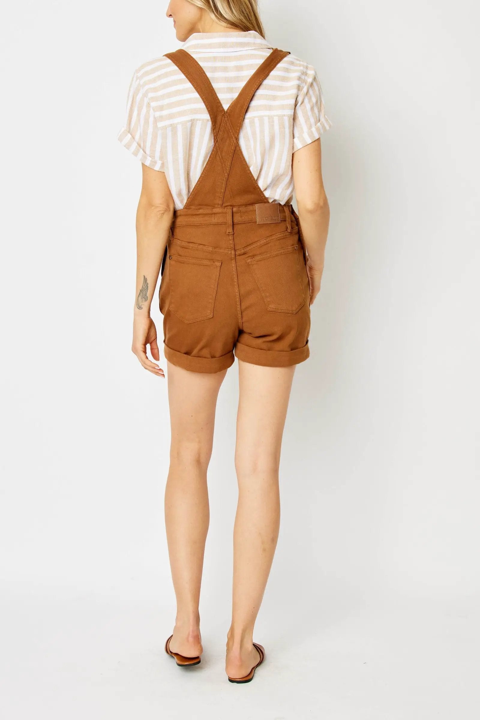 Judy Blue Judy Blue High Waisted Garment Dyed Destroyed Cuffed Brown Overall Shorts - One-Pieces Judy Blue High Waisted Garment Dyed Destroyed Cuffed Brown Overall Shorts