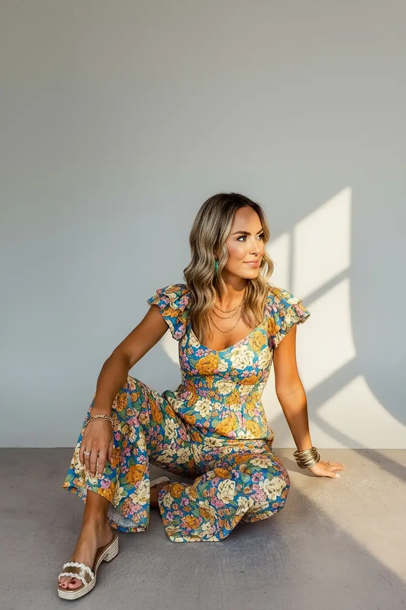Grateful Threads Boutique The Golden Bloom Flutter Sleeve Jumpsuit - One-Pieces Yellow Floral Allover Print Shirred Cut Out High Waist Jumpsuit