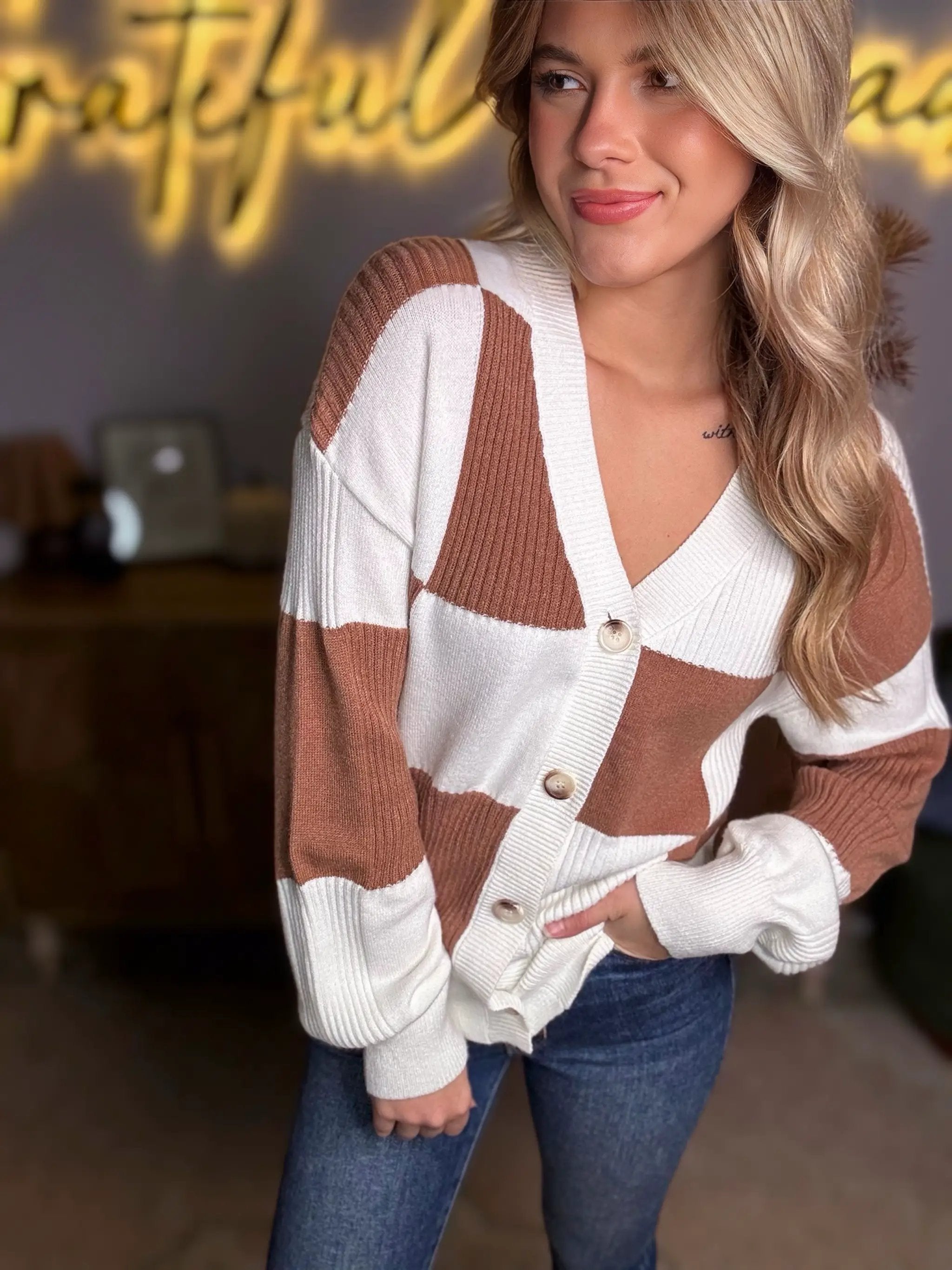 Grateful Threads Boutique Mocha Checkered Pattern Ribbed Detail Button V-Neck Sweater Cardigan - Cardigans Khaki Checkered Pattern Ribbed Detail Button V Neck Sweater Cardigan