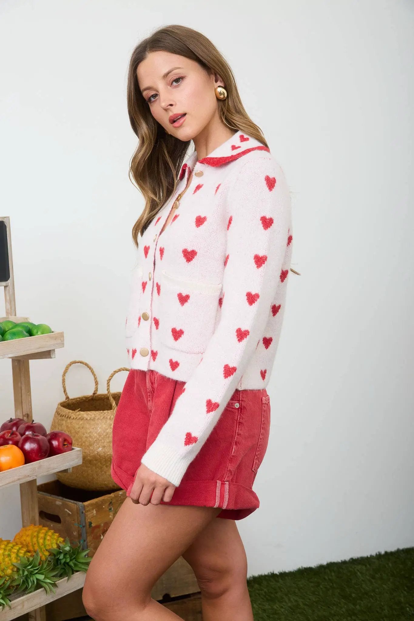 Blu Pepper Sweetheart Scallop Button-Down Cardigan – Cream & Red Heart Knit - Cardigans
