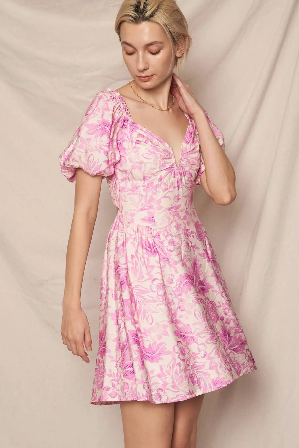 En Crème En Crème Puff Sleeve Tropical Print Mini Dress - Dresses