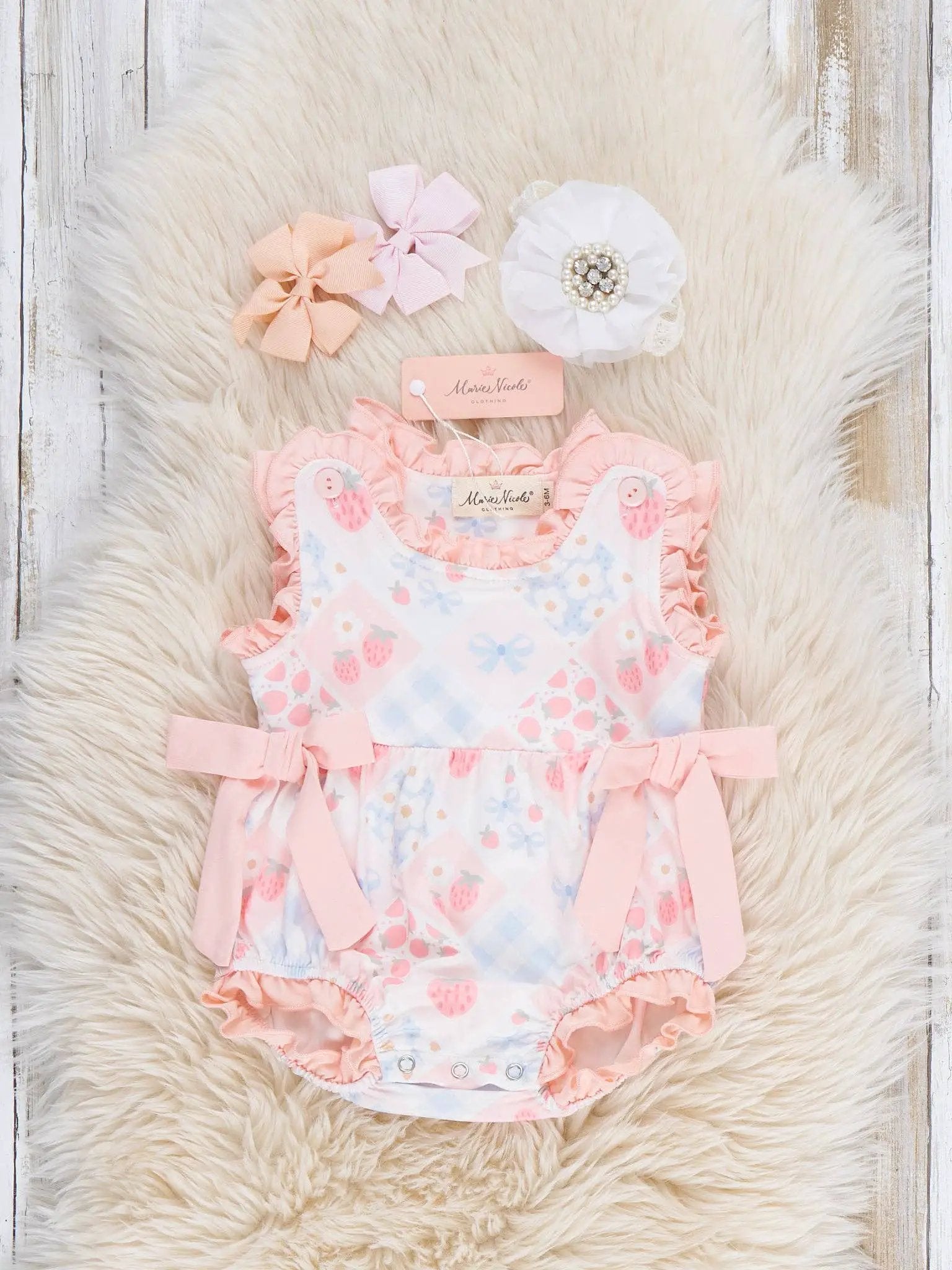 Marie Nicole Clothing Marie Nicole Clothing - Strawberry Sherbet Ruffle Bubble Romper - Baby One-Pieces