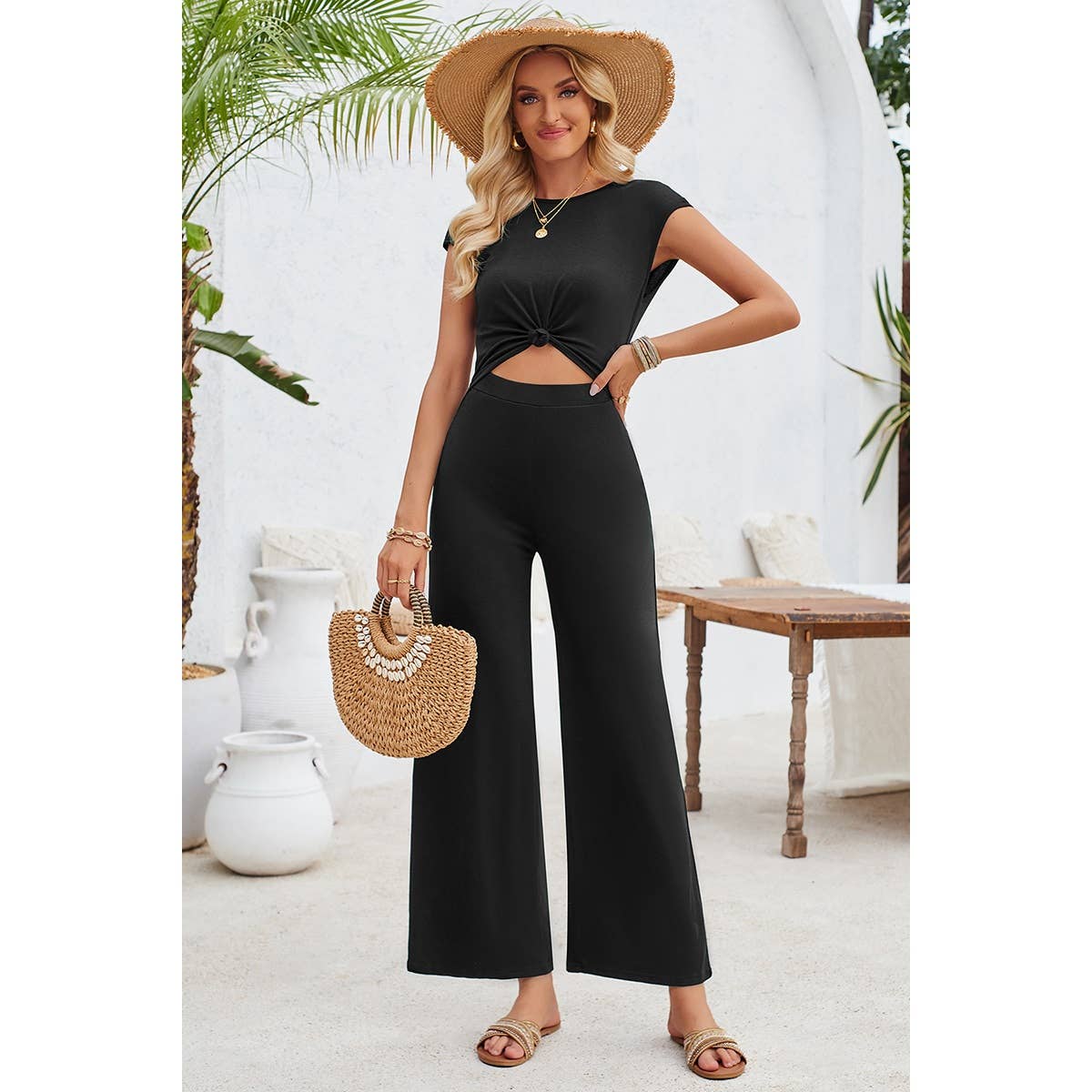 Supreme Fashion Open Back Knot Cut Out Elastic Solid Jumpsuit - One-Pieces Open Back Knot Cut Out Elastic Solid Jumpsuit
