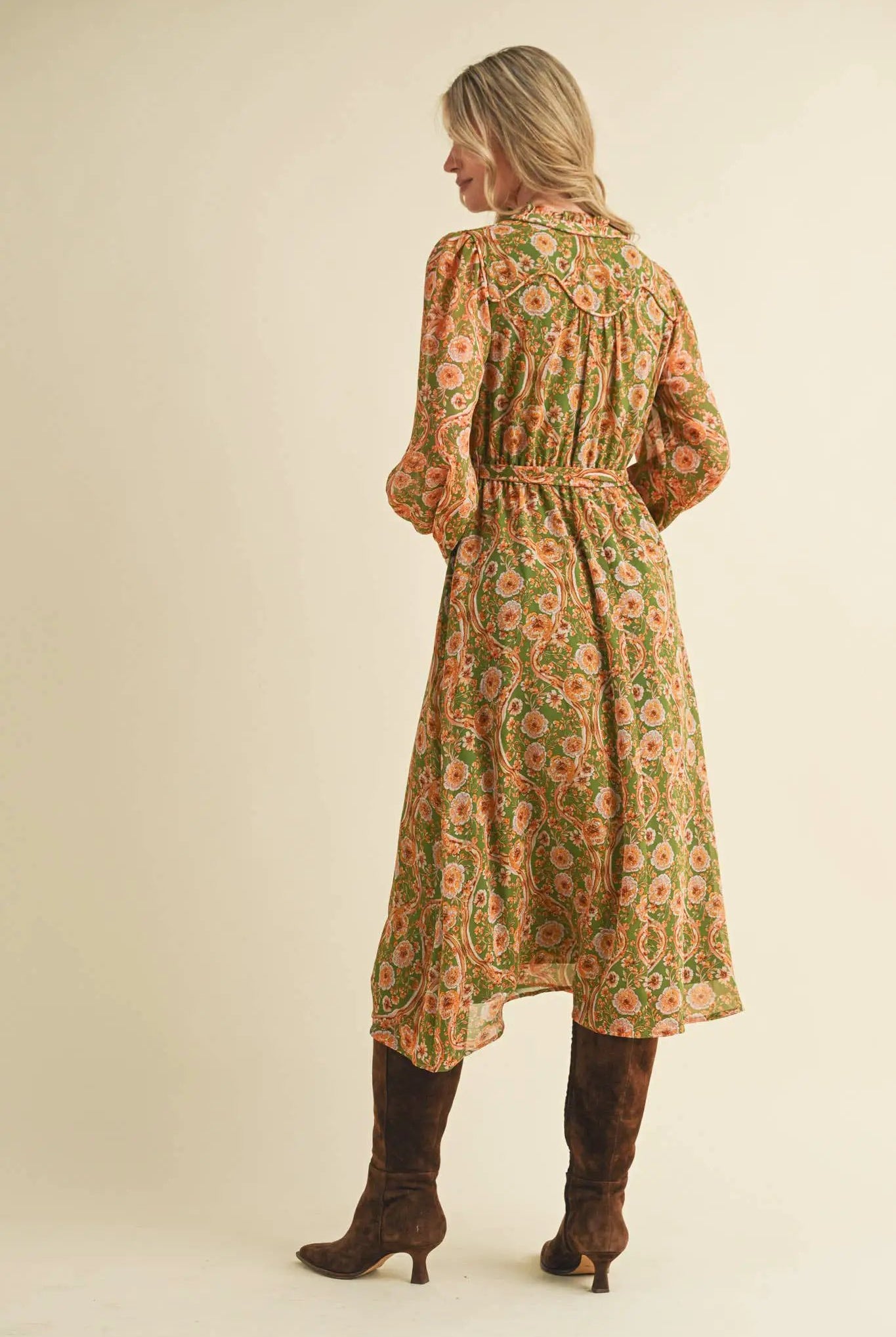 &MERCI Golden Grove Tassel Belted Midi Dress – Olive Floral - Dresses