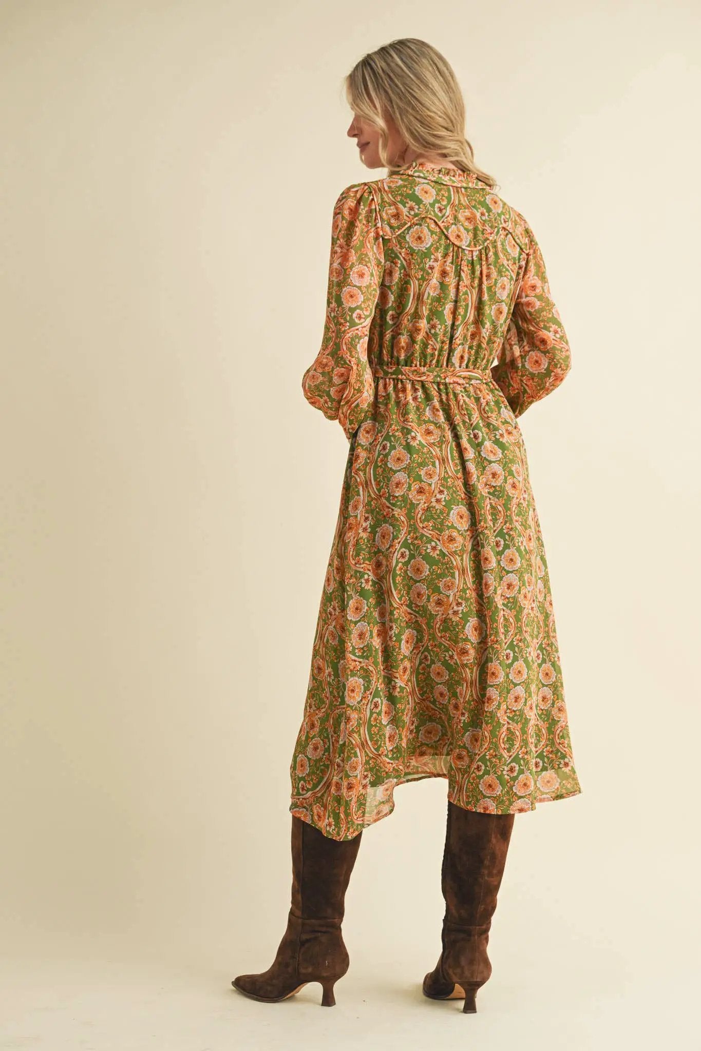 &MERCI Golden Grove Tassel Belted Midi Dress – Olive Floral - Dresses