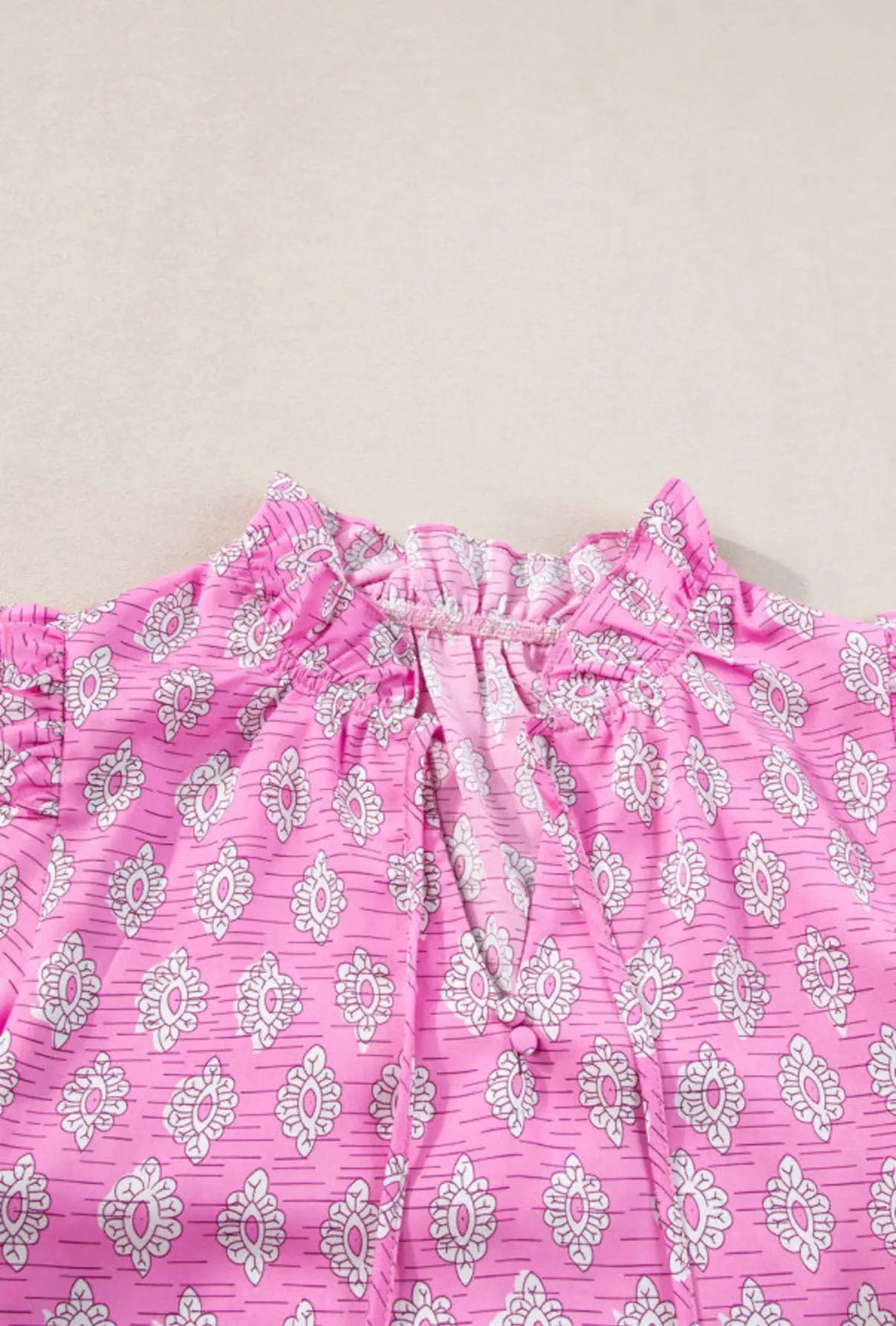 Grateful Threads Boutique Pink Vintage Floral Ruffled Split Neck Short Sleeve Blouse - Blouses Pink Vintage Floral Ruffled Split Neck Short Sleeve Blouse