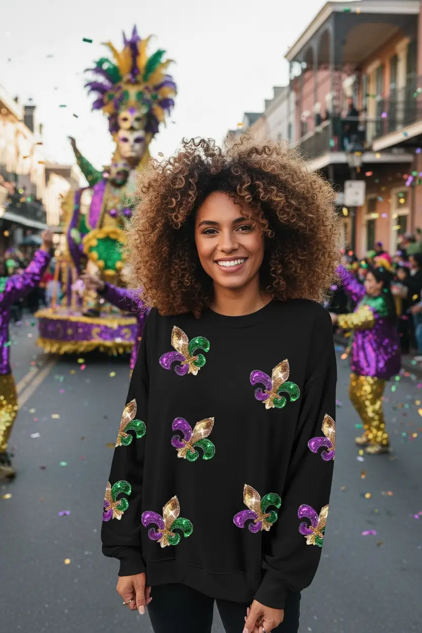 1 the Woman Sequin Mardi Gras Graphic Pullover Sweatshirt - Sweatshirts