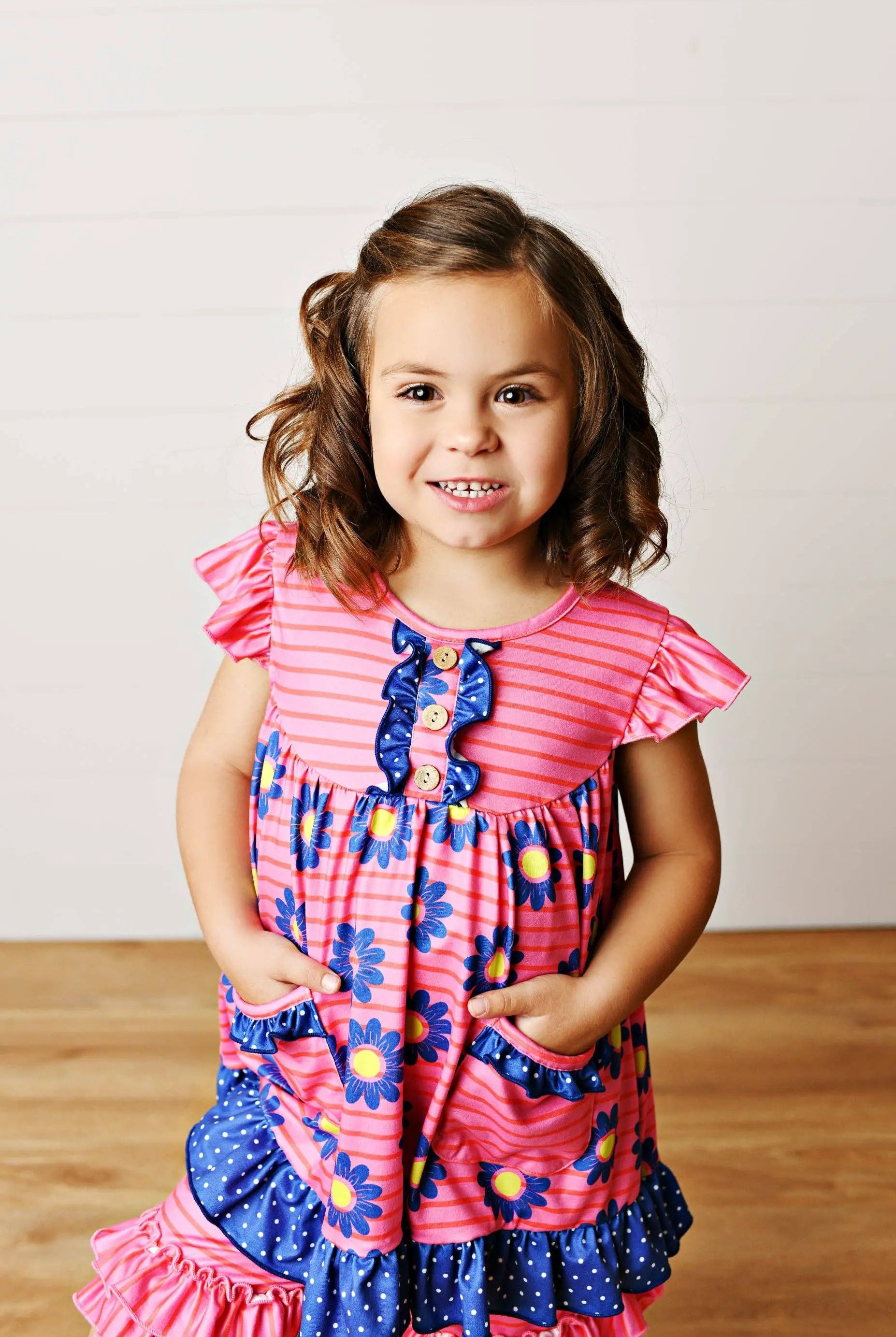 Adorable Sweetness Adorable Sweetness - Girls Hot Pink Daisy Pocket Ruffles Short Set - Outfit Sets