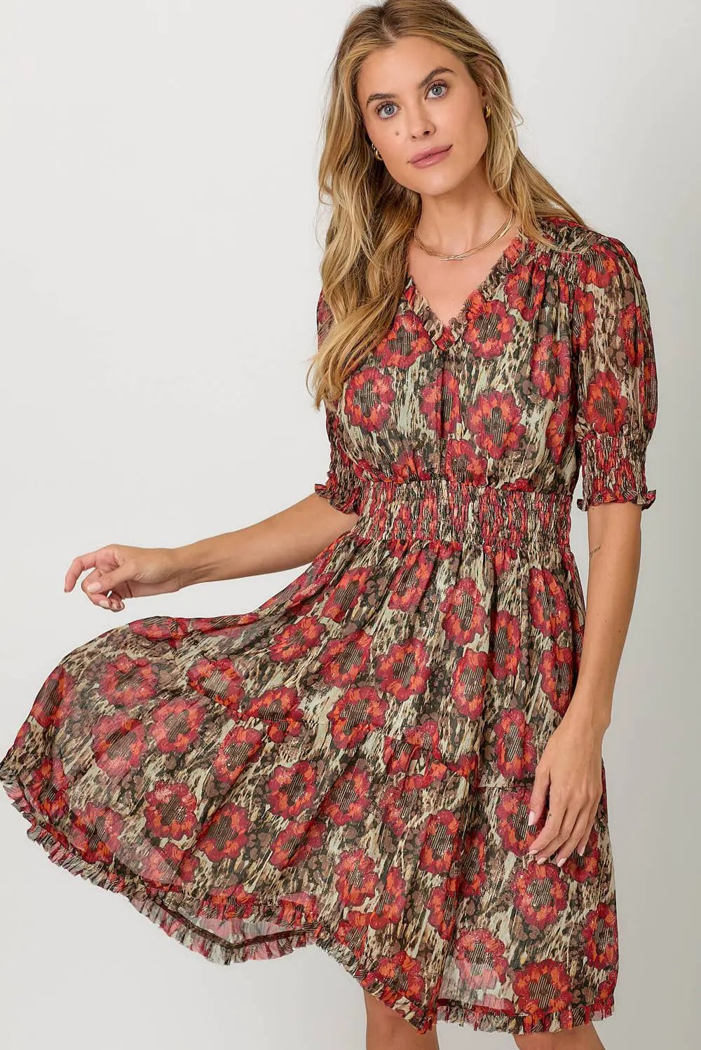 Mystree Mystree Red/Sage Lurex Flower Dress - Dresses