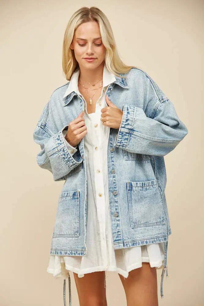 WISTERIA LANE Wisteria Lane - Free Spirit Side-Tie Oversized Light Wash Denim Jacket - Coats & Jackets