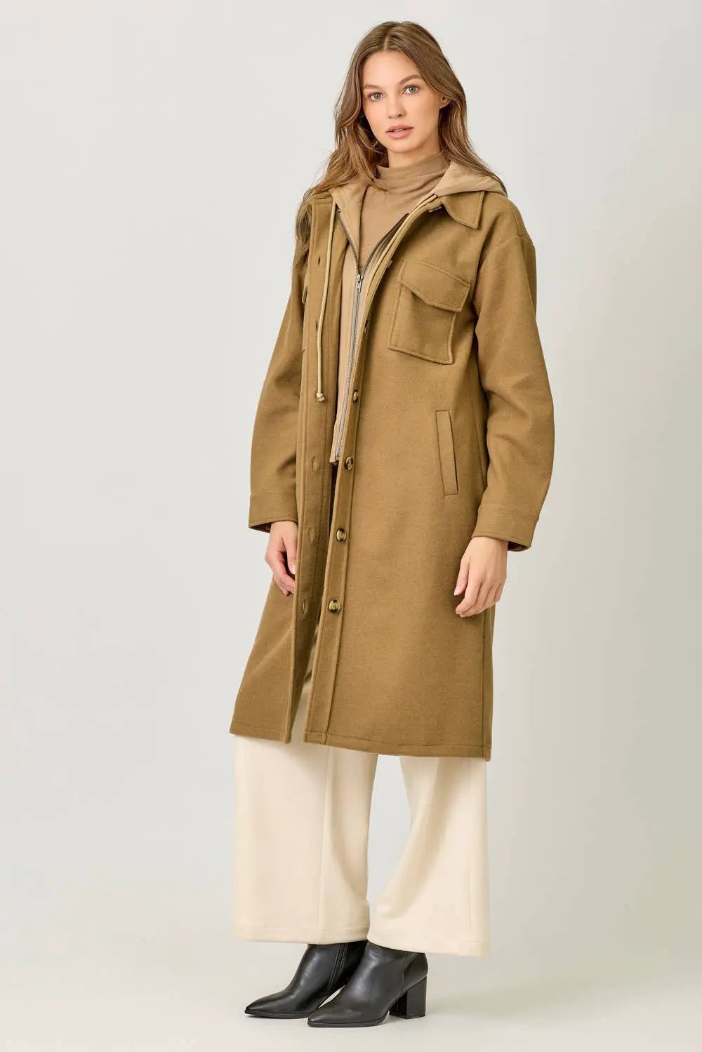 Mystree Mystree - Warm Sand Twofer Hoodie Long Coat - Overcoats