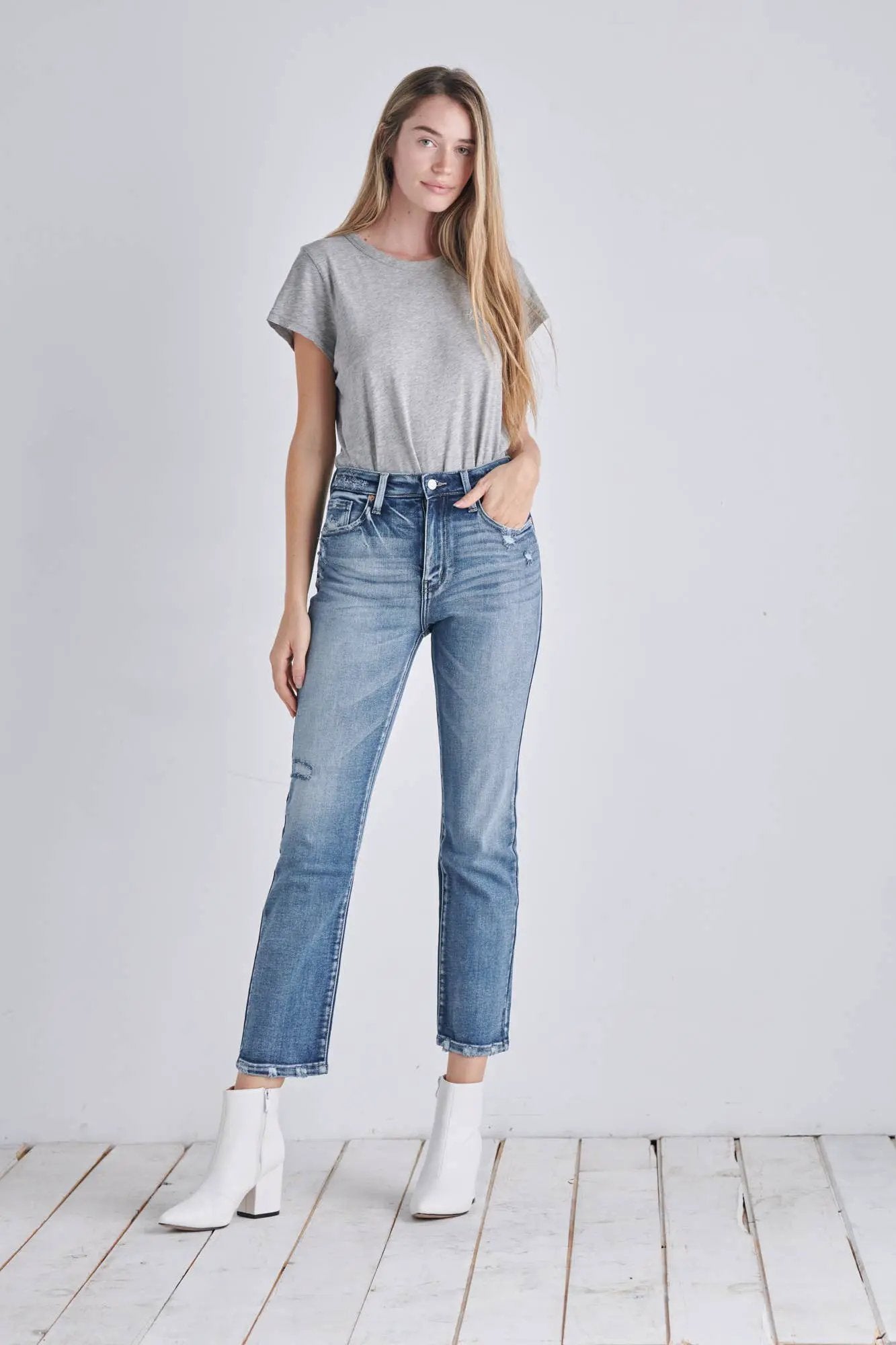 ARTEMIS VINTAGE Artemis Vintage “Everyday Edge” High Rise Distressed Crop Straight Jeans - Jeans