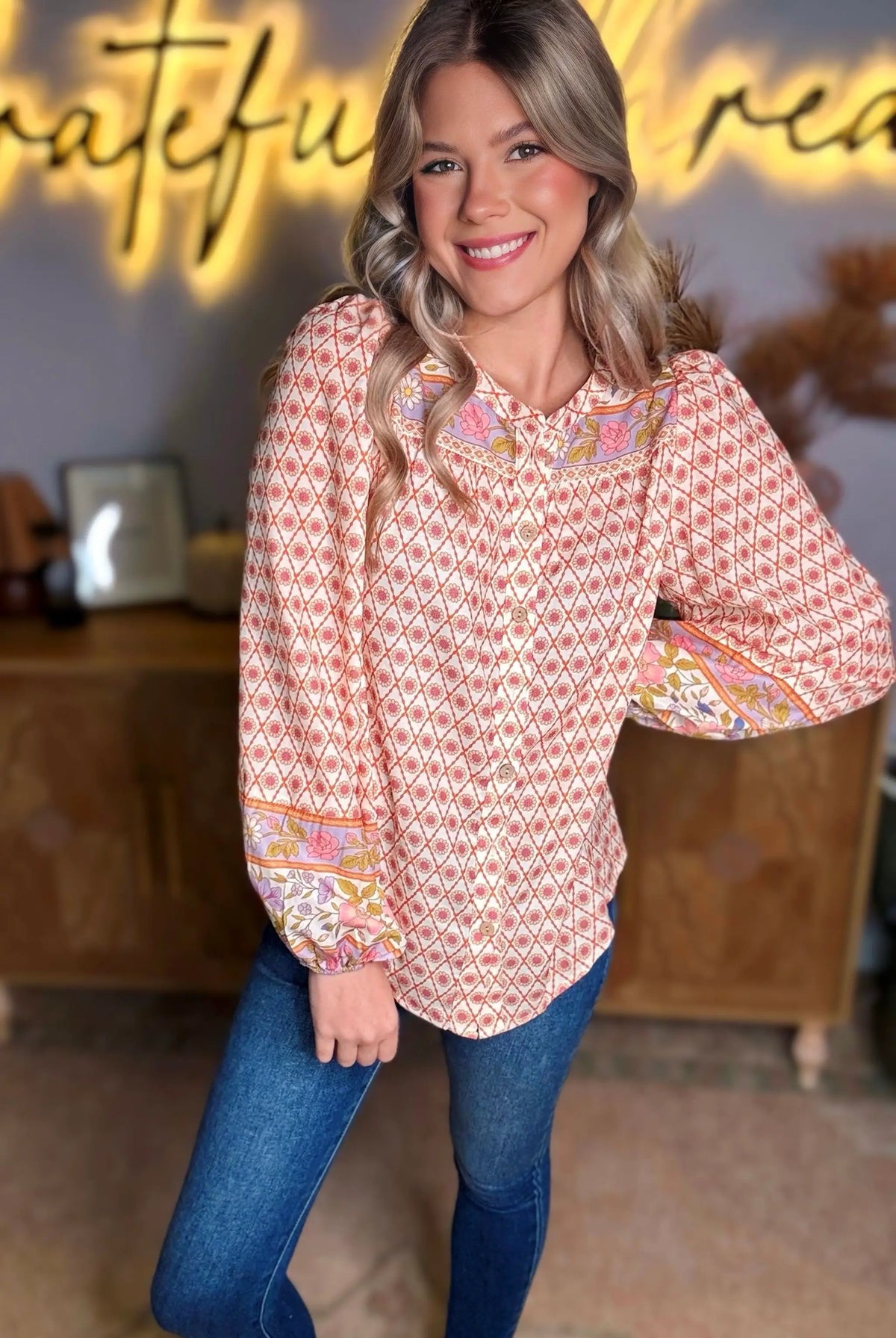 Grateful Threads Boutique Multicolor Boho Floral Mixed Print Puff Sleeve Shirt - Shirts Multicolor Boho Floral Mixed Print Puff Sleeve Shirt