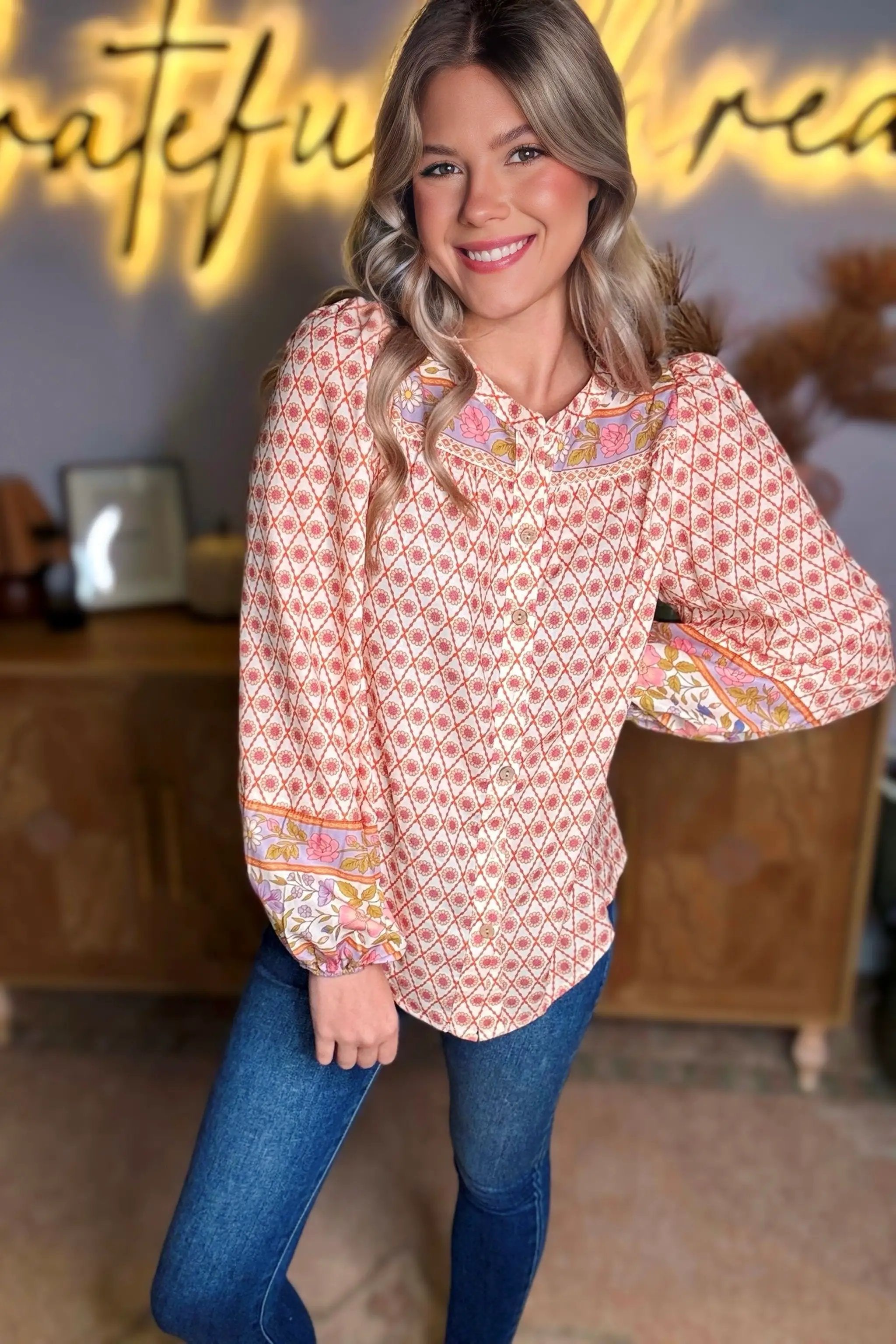 Grateful Threads Boutique Multicolor Boho Floral Mixed Print Puff Sleeve Shirt - Shirts Multicolor Boho Floral Mixed Print Puff Sleeve Shirt