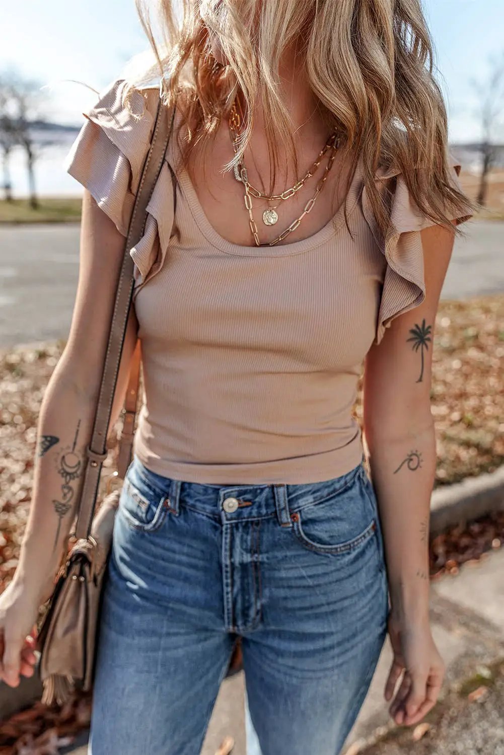 1 the Woman Ribbed Knit Ruffled Shoulder Slim Fit Tank Top - Shirts Ribbed Knit Ruffled Shoulder Slim Fit Tank Top