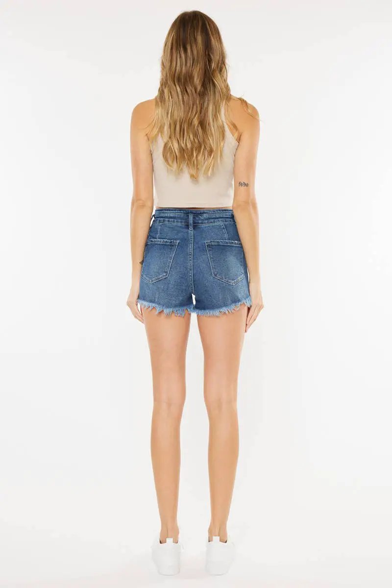 Kan Can USA KanCan HIGH RISE FRAYED HEM ZIP FLY DENIM SHORTS - Shorts