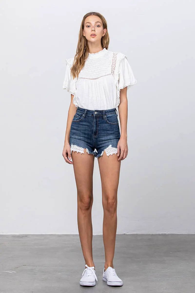 Insane Gene USA The Frayed Hem Lace Trim Snatched Shorts - Denim Shorts shorts
