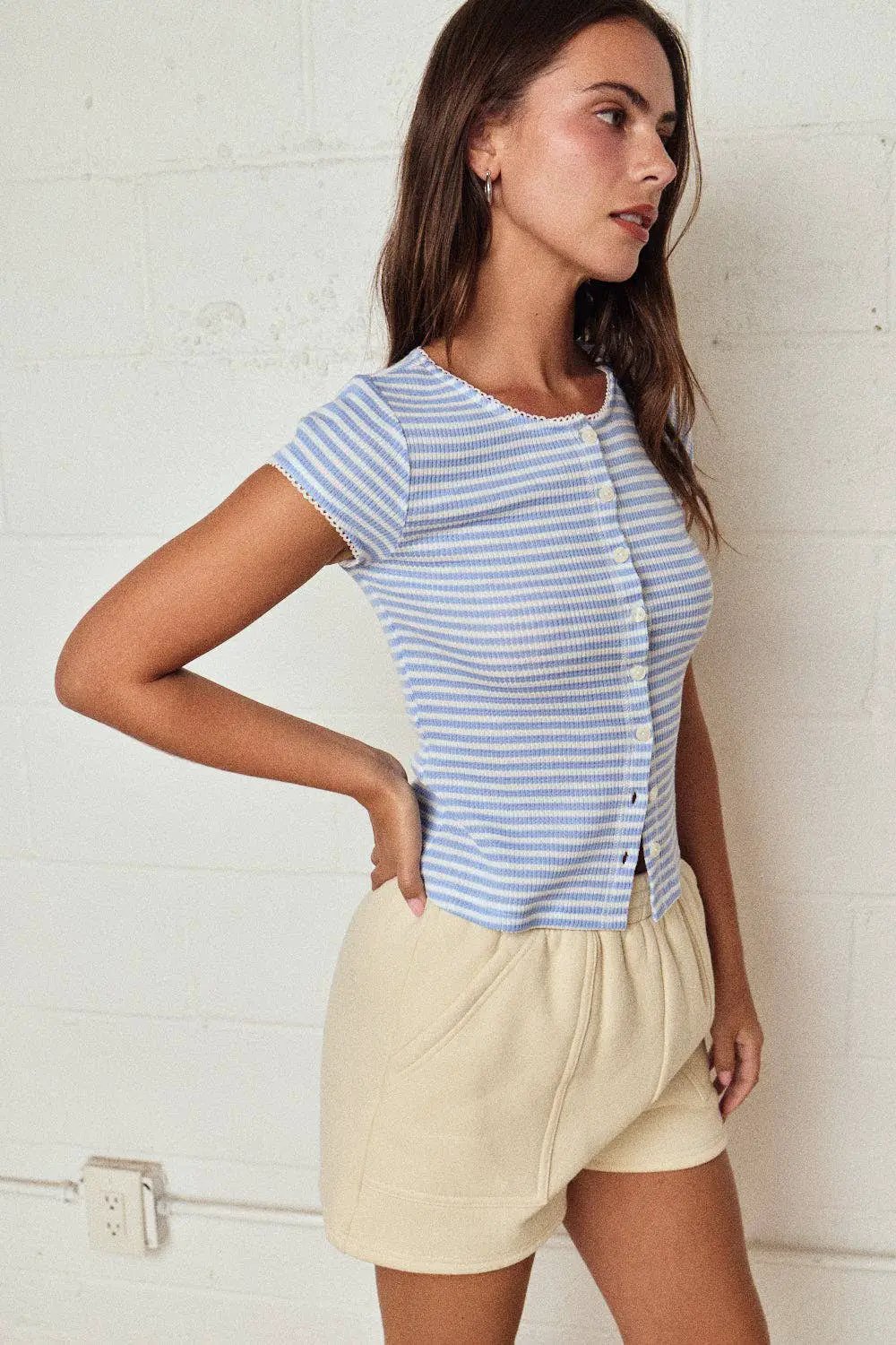 Papermoon Striped Ribbed Button Front Top: Blue/White - Clothing Tops