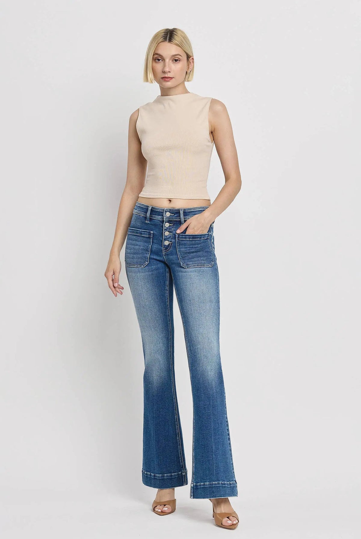 Vervet Alison mid rise flare jeans in Gleefully blue with button fly and wide legs