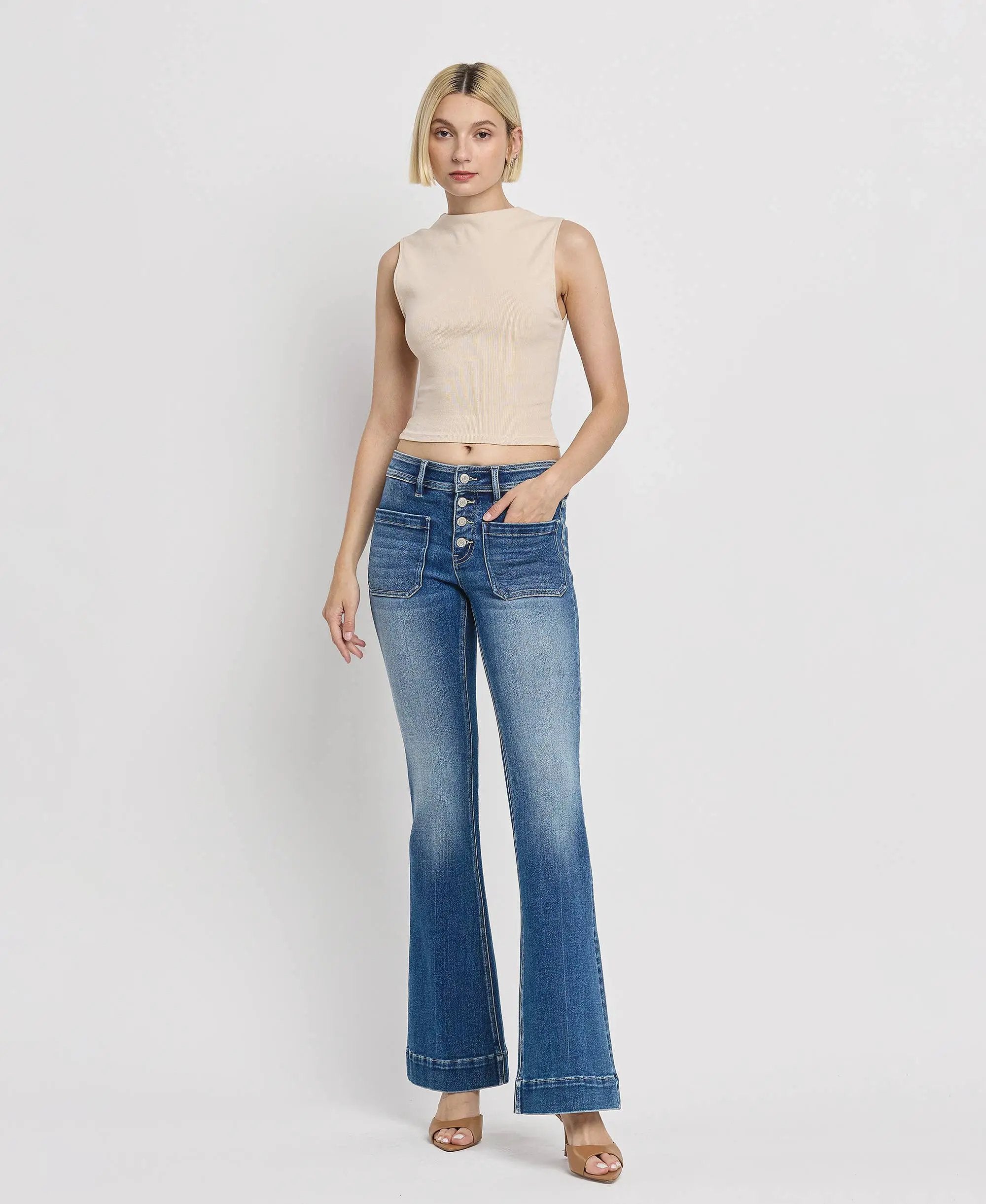 VERVET by FLYING MONKEY Mid Rise Trouser Hem Flare Jeans - Jeans
