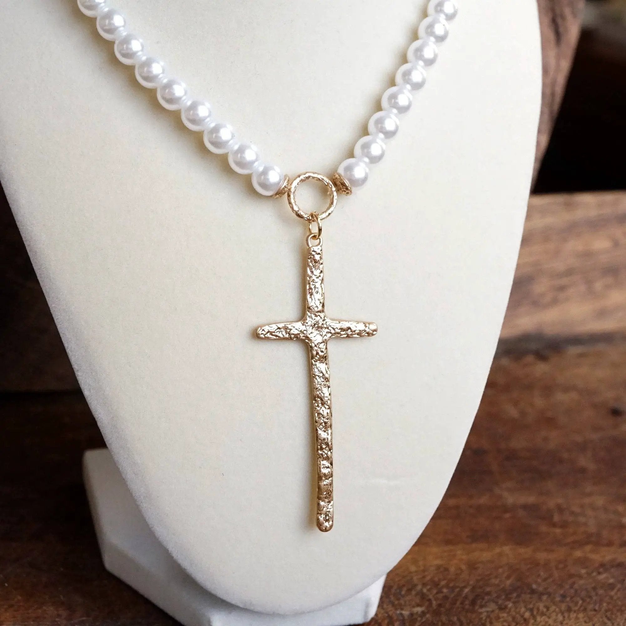 PennyLine inc The Primitive Cross Pearl Necklace - Jewelry primitive cross necklace gold pearl turquoise beads