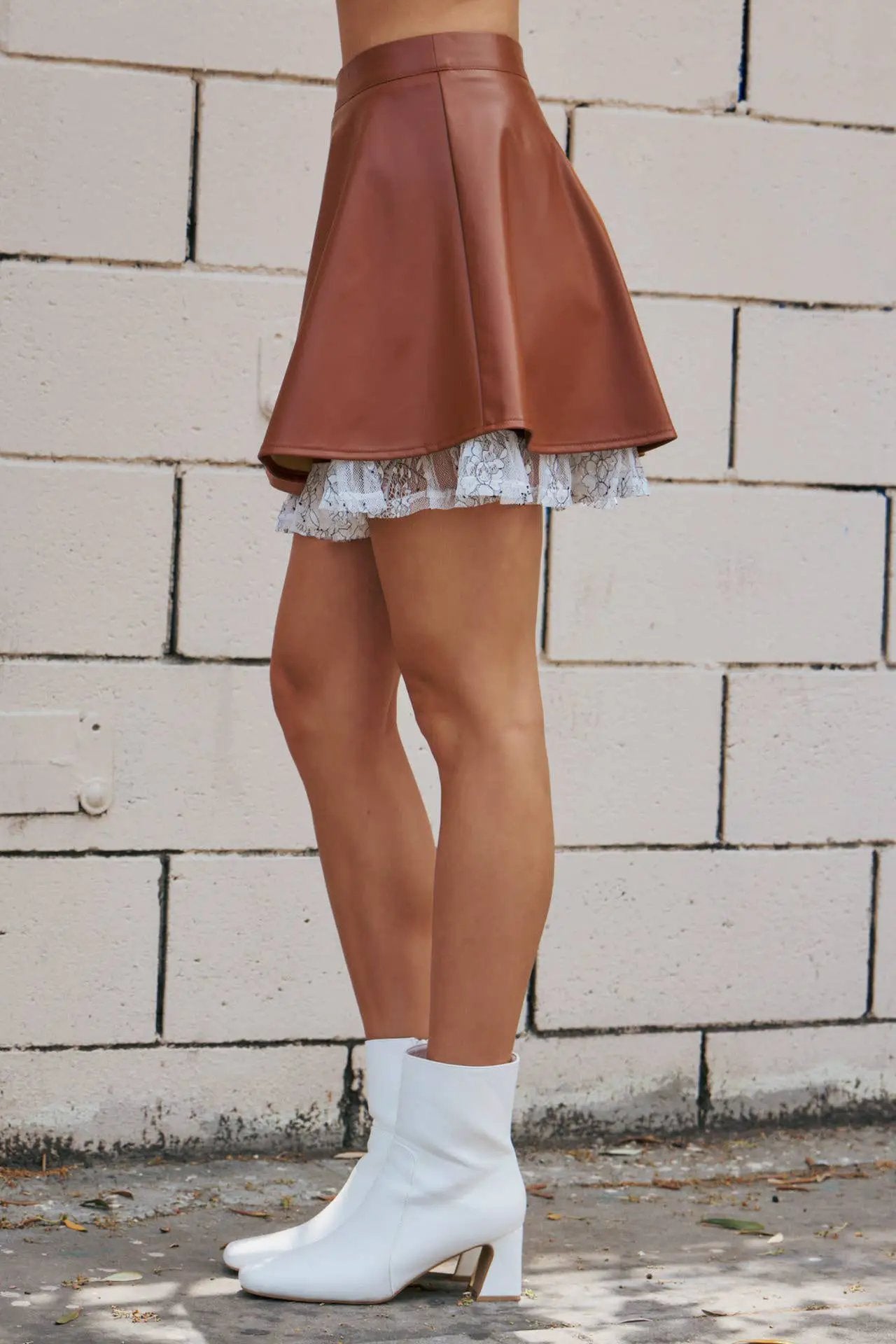 idem ditto Ruffled Lace Faux Leather Mini Skirt - Skirts